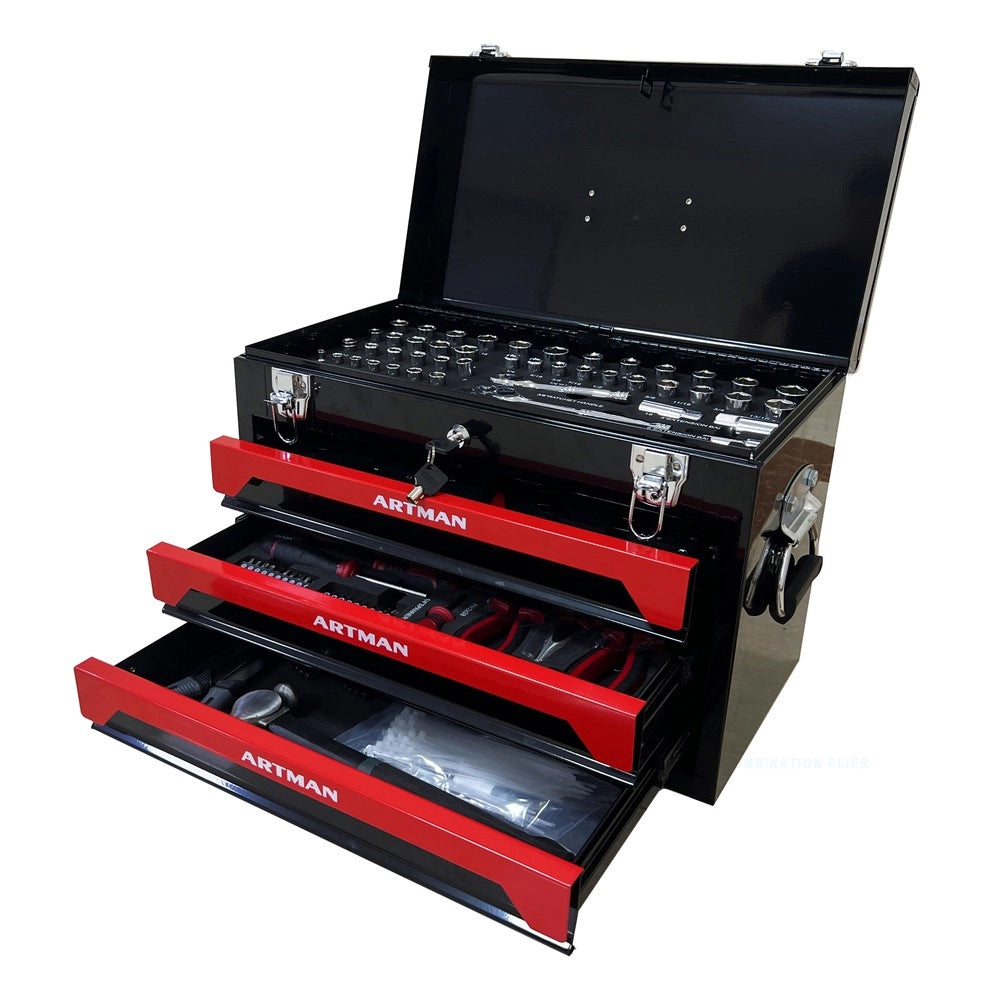 Cassetta Portautensili Portatile a 3 Livelli ¨C MINIMAL ¨C Metallo, Nero e Rosso