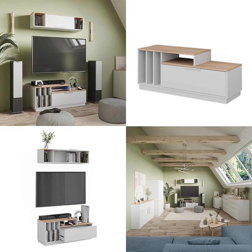 Lavagna Betti, Bianco/Sonoma, 120 x 49.9 cm con 1 porta, adatto per TV fino a 55 pollici e accessori multimediali