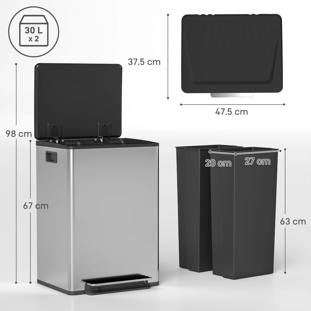 Pattumiera a Pedale con 2 Scomparti da 30L. Coperchio Ammortizzato e Secchi Rimovibili. Acciaio Inox. Argento