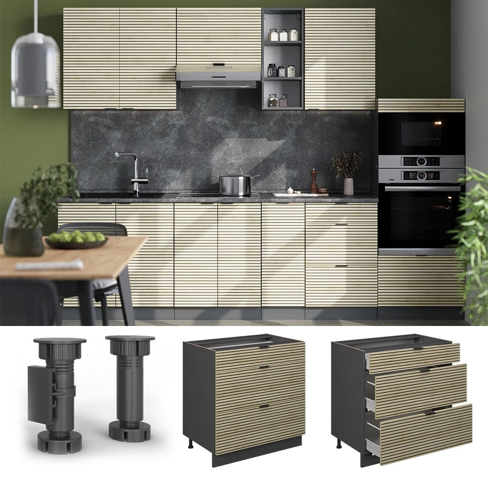 Mobiletto base per cucina Fame-Line Pannello in quercia/Antracite 80 cm con 3 cassetti, PL Rovere Vicco