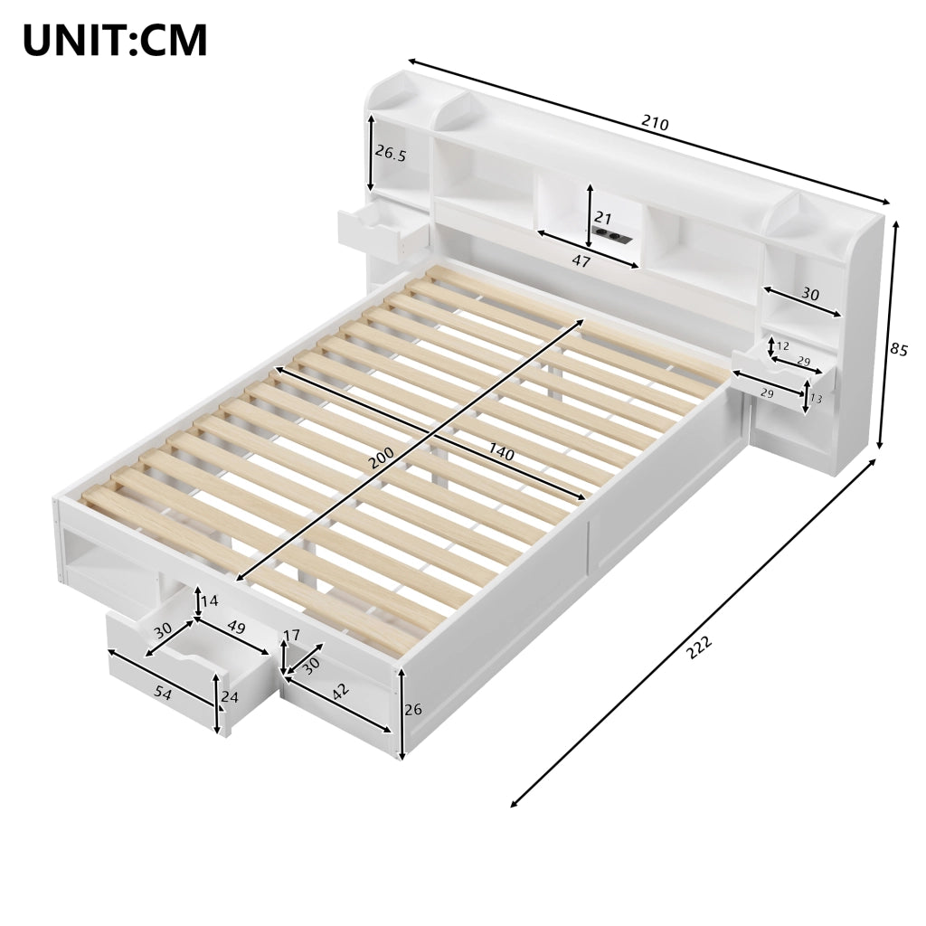 Letto a piattaforma 140x200 cm con vani; 3 cassetti; LED e USB; bianco