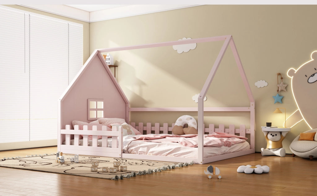 DESMIU Letto per Bambini 140 × 200 cm 2 Posti con Sponda, Letto a Casetta, Senza Materasso, in Pino e MDF, Rosa