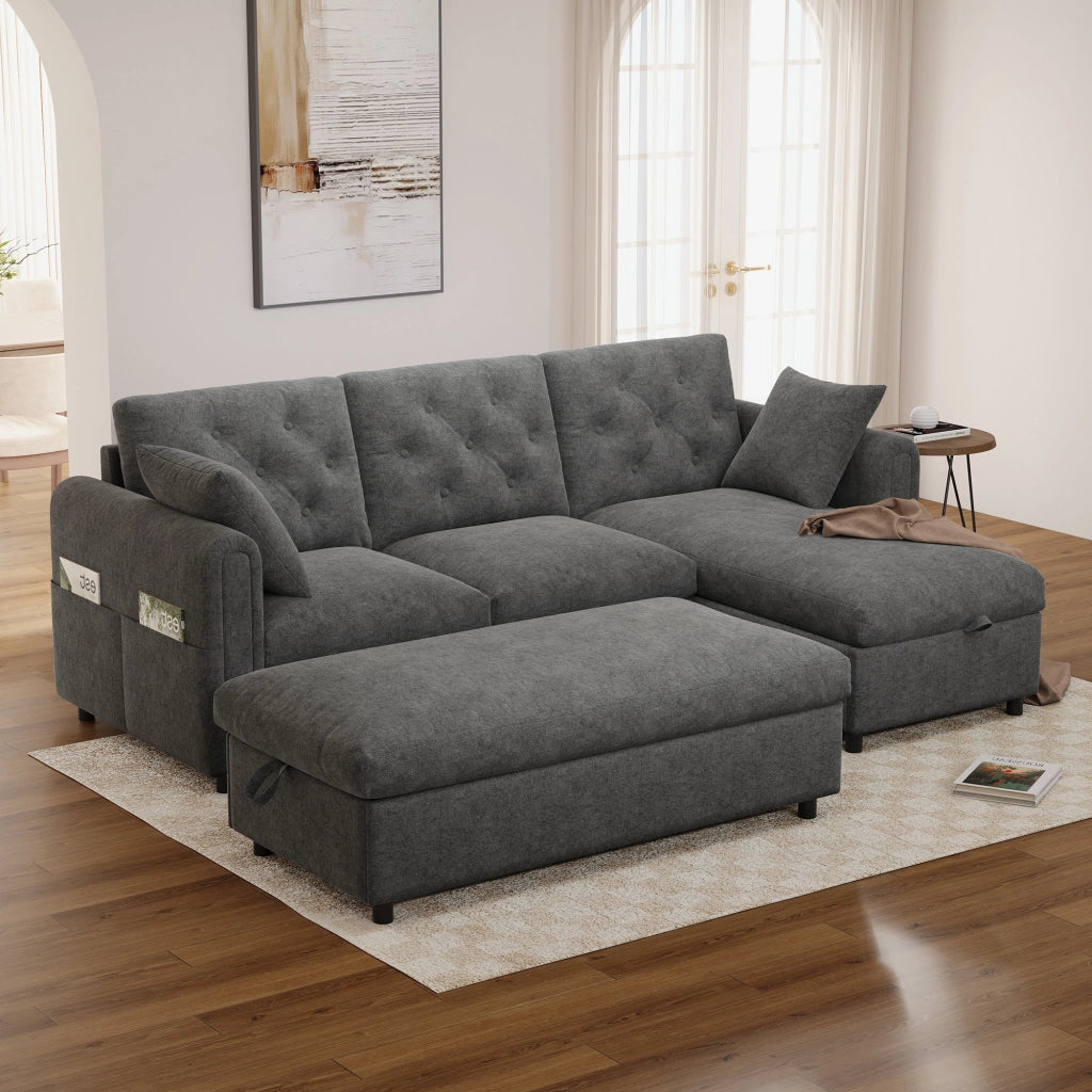 Divano angolare con chaise longue reversibile e pouf contenitore in velluto grigio