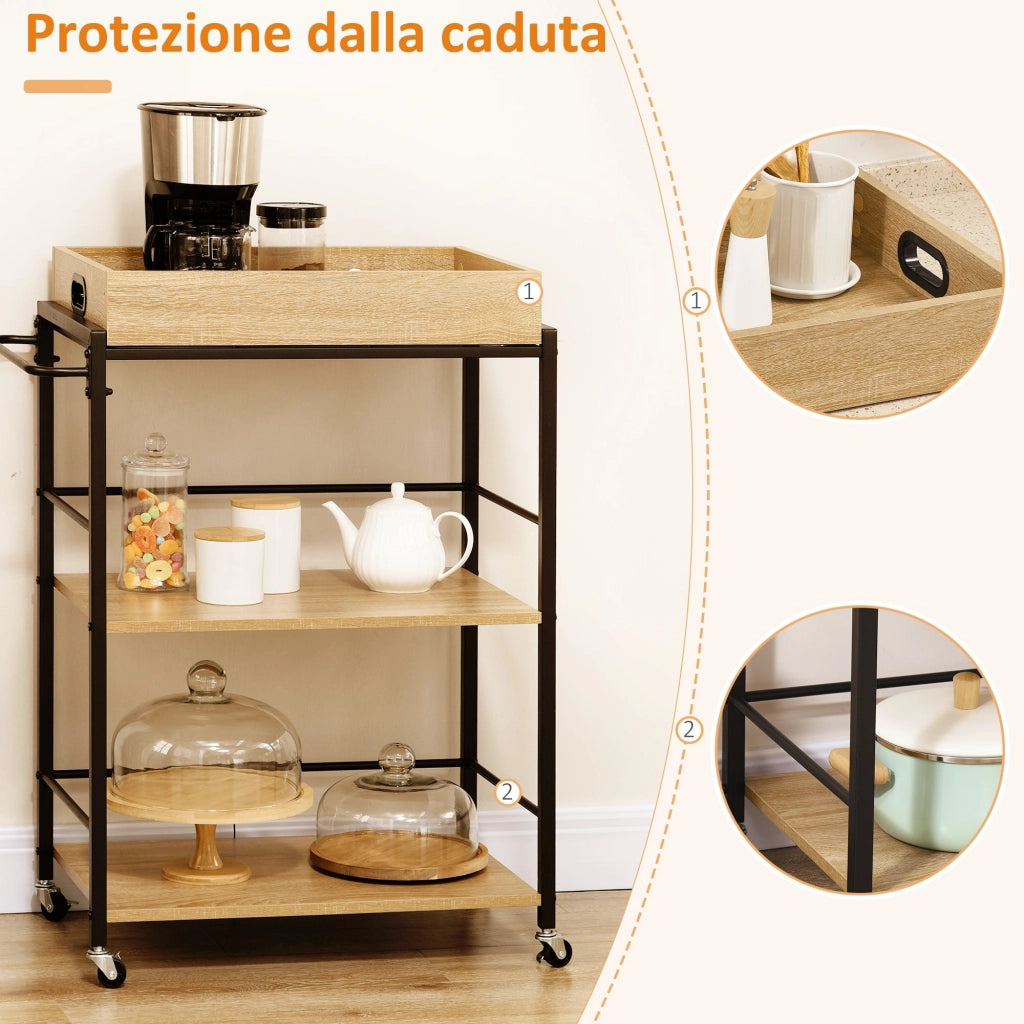 Carrello da Cucina 72x40x86 cm 3 Ripiani con Vassoio Rimovibile e Ruote Girevoli in Truciolare e Acciaio Nero