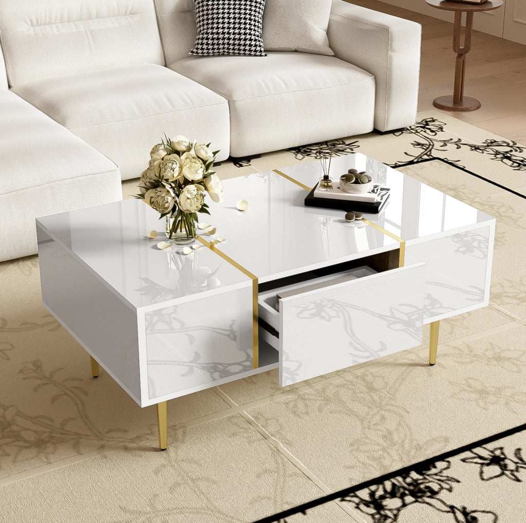 Tavolino da caffè moderno bianco lucido 100 x 60 x 41;5 cm in MDF con 2 cassetti
