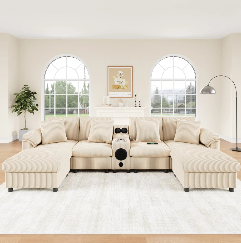 Sofa modulare con Bluetooth; ricarica wireless; USB e Type-C; contenitore; beige