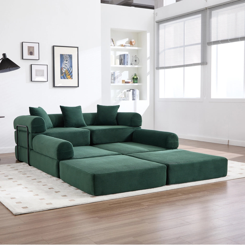Divano modulare con tasca laterale e funzione letto 270x180x64 cm; velluto a coste verde smeraldo