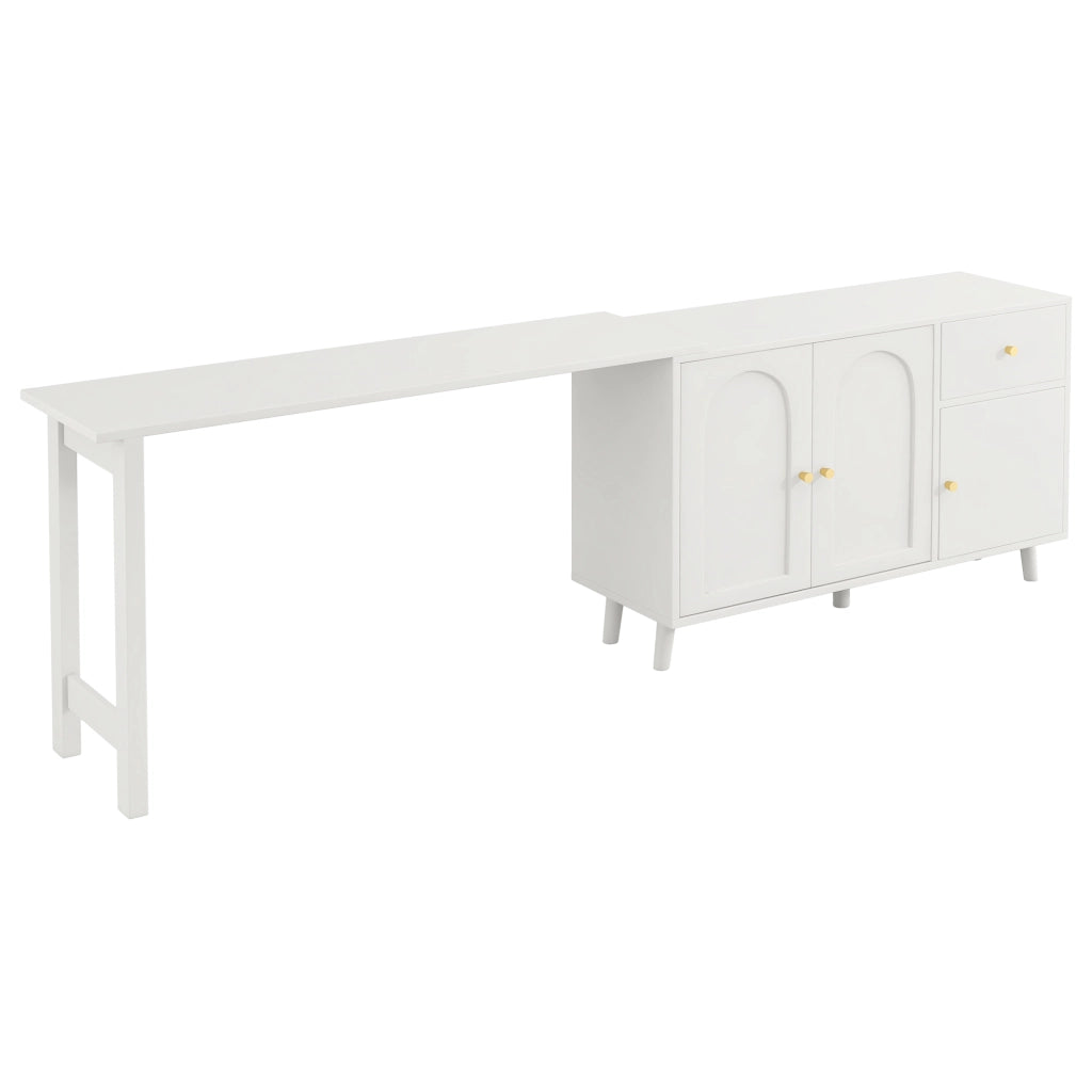 Scrivania girevole 360° con 3 ante e 1 cassetto funzione 2 in 1 per soggiorno e ufficio domestico in truciolare bianco
