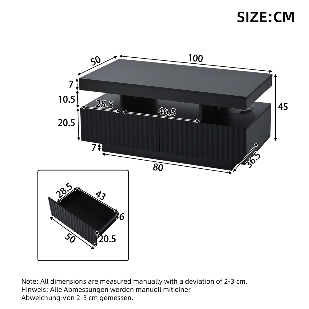 TAVOLINO DA CAFFÈ 100 x 50 x 45 cm Nero con LED e 2 cassetti