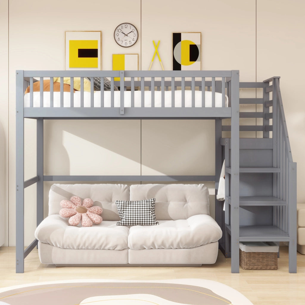 Letto a soppalco 90x200 cm grigio in legno con scala, armadio e ripiani