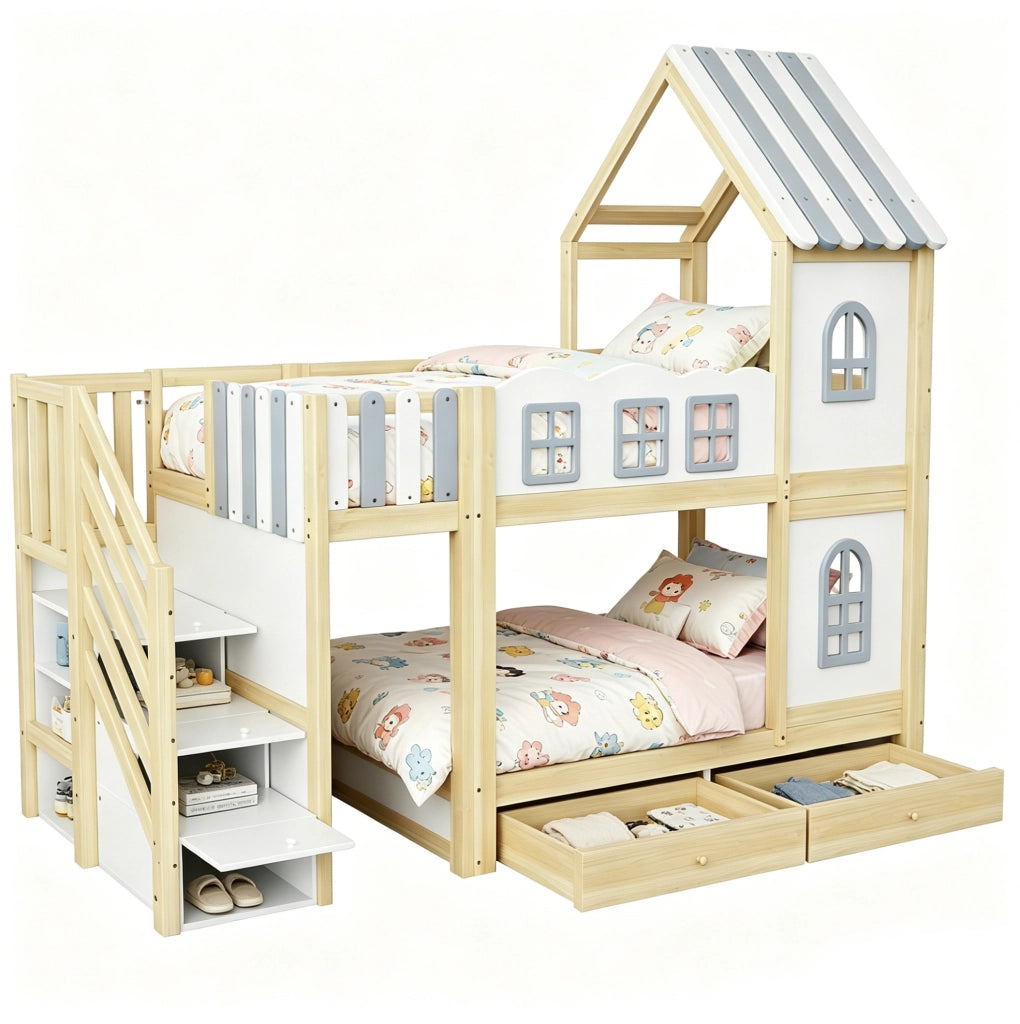 Letto a castello per bambini a casetta 90x200 cm con scala contenitore; bianco grigio legno naturale