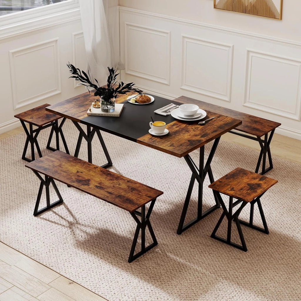 Set di tavolo da pranzo da 5 pezzi, tavolo da cucina 140 x 80 cm con 2 panche, 2 sgabelli, piano multicolore, telaio metallico, set di mobili industriali per la casa, bar, ristorante