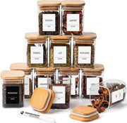 Set di contenitori per erbe in vetro quadrato da 12 - coperchio in legno - 279 etichette per erbe - 12 x 180 ml - 6 x 6 x 85 cm - scatole di stock - contenitori per erbe con pennarello