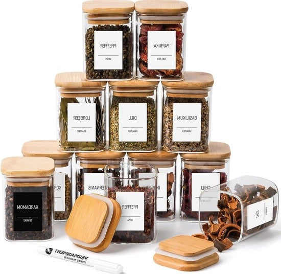 Set di contenitori per erbe in vetro quadrato da 12 - coperchio in legno - 279 etichette per erbe - 12 x 180 ml - 6 x 6 x 85 cm - scatole di stock - contenitori per erbe con pennarello