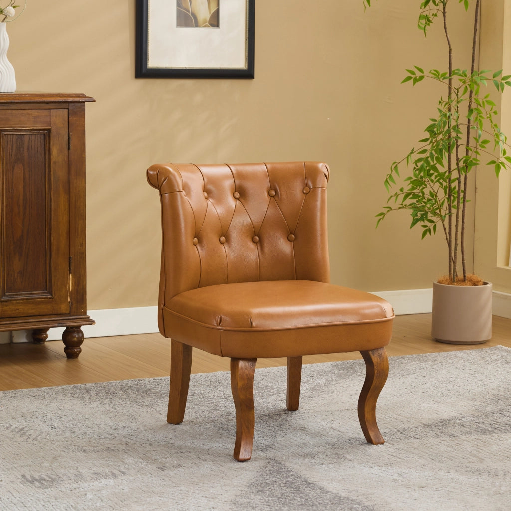 Sedia da pranzo in pelle con gambe in legno e bottoni decorativi - marrone chiaro