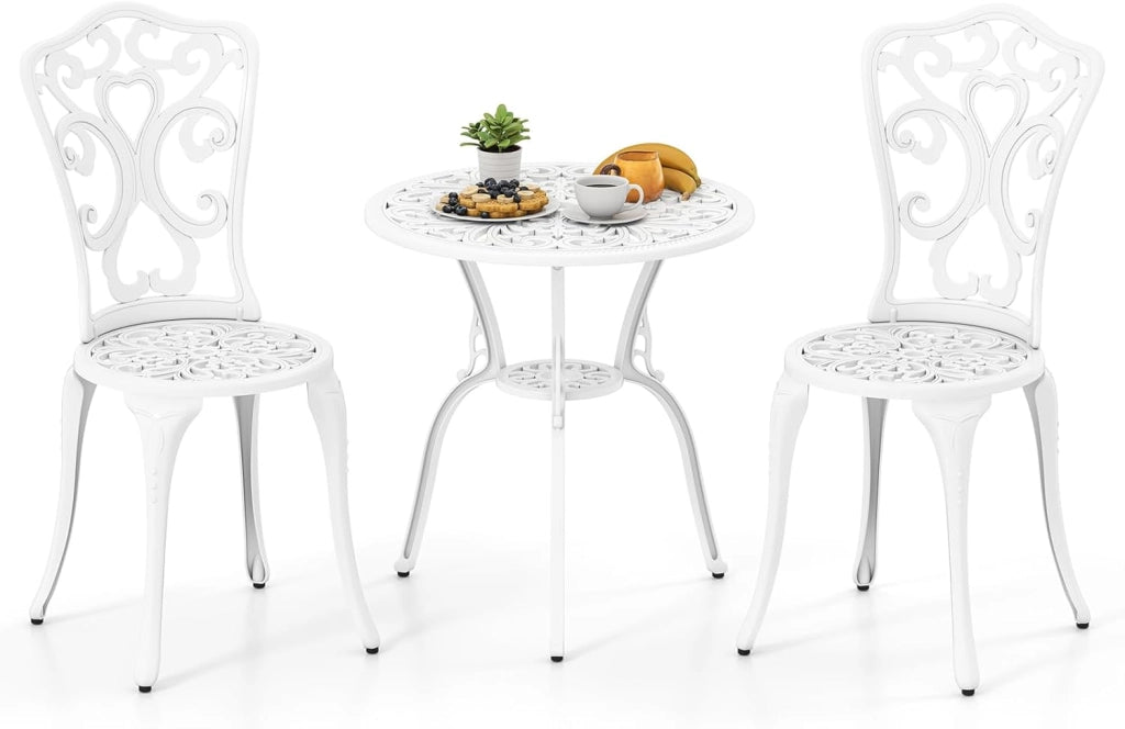 Set Tavolo da Bistrot in Fusione di Alluminio Set da 3 Pezzi Tavolino con 2 Sedie per Giardino Balcone Bordo Piscina, Colore Verde Bronzo/Bianco (Verde Bronzo)