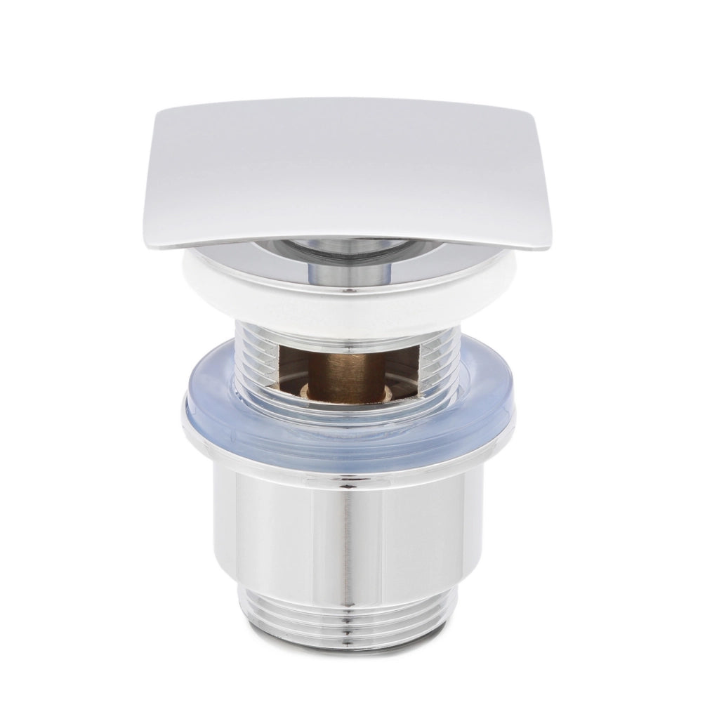 Piletta di scarico click-clack universale per lavabo e bidet con troppo pieno in ottone cromato e cover quadrata | Kariba
