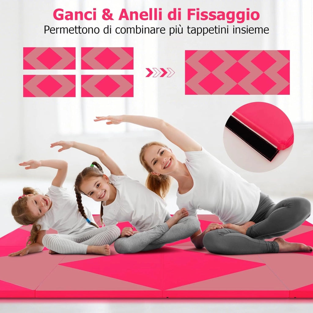 Tappetino Ginnastica Pieghevole 240 CM, Tappetino per Tumbling in Pelle PU con Chiusure a Strappo per Stretching, Yoga, Arti Marziali da Casa, Palestra e Fitness