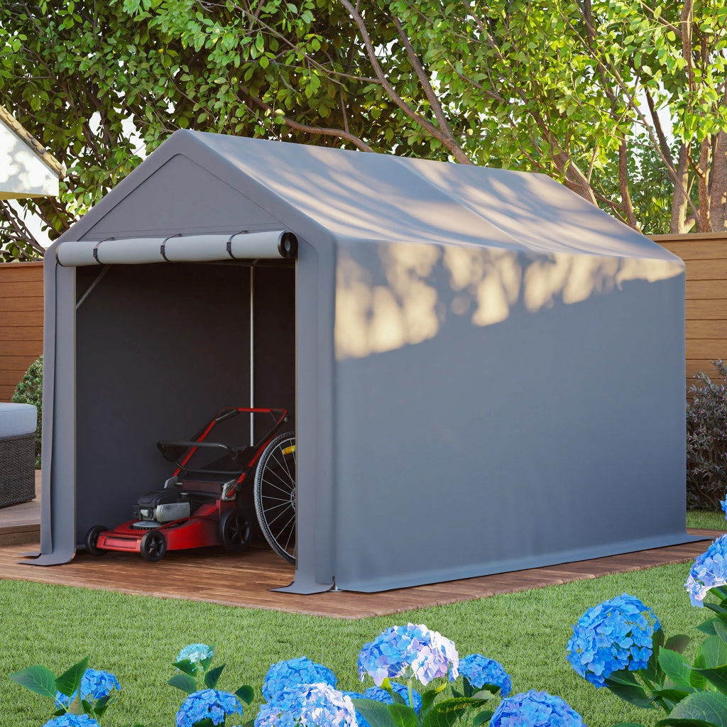 Garage Da Giardino – Struttura Robusta – 296x190x200 Cm – Acciaio Zincato – Grigio Scuro – Deposito Esterno Multiuso – Telo Impermeabile