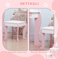 EasycomfortZONEKIZ Set Tavolo Trucco con Sgabello, Specchio e Cassetto in MDF per Bimbi 3-6 Anni, Bianco e Rosa