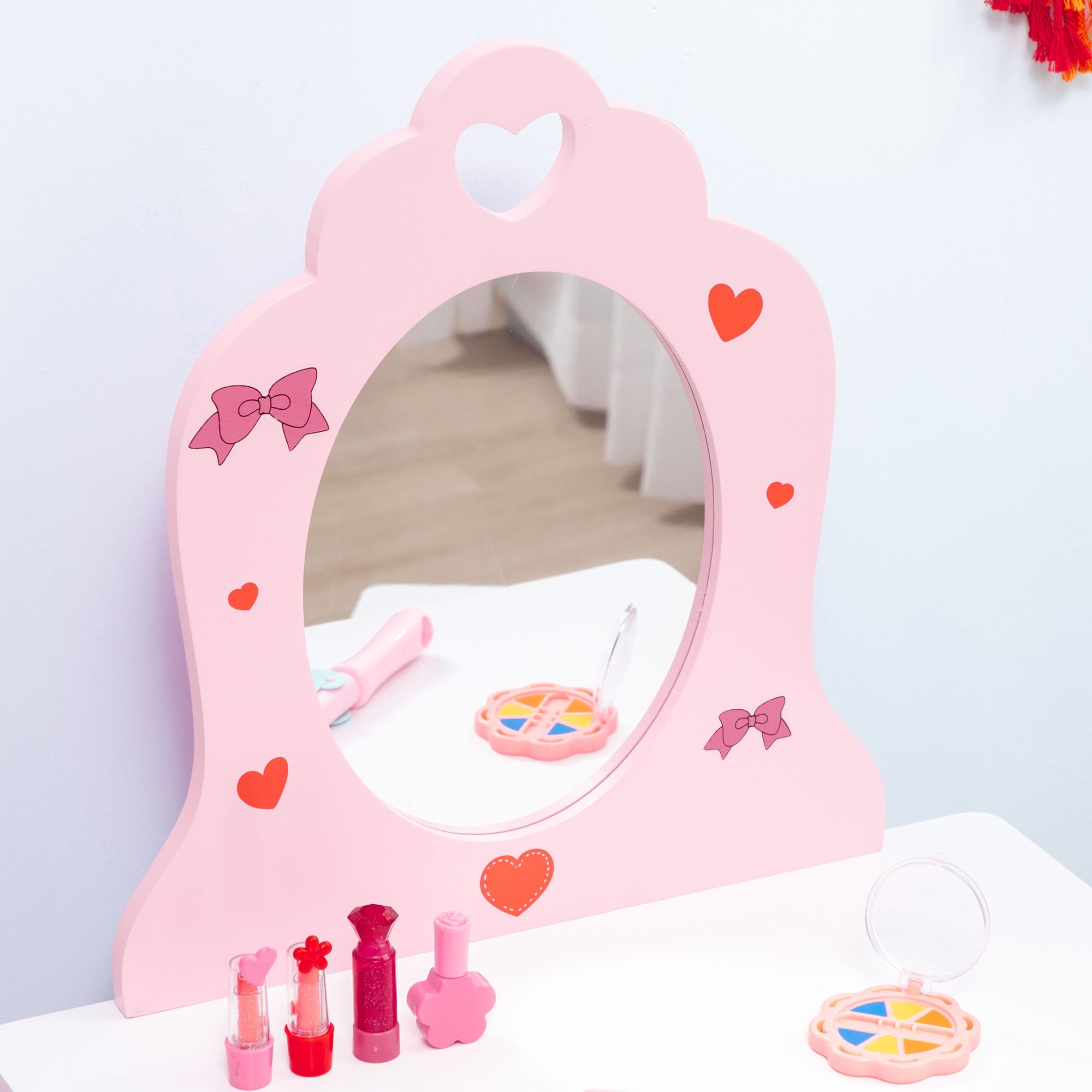EasycomfortZONEKIZ Set Tavolo Trucco con Sgabello, Specchio e Cassetto in MDF per Bimbi 3-6 Anni, Bianco e Rosa