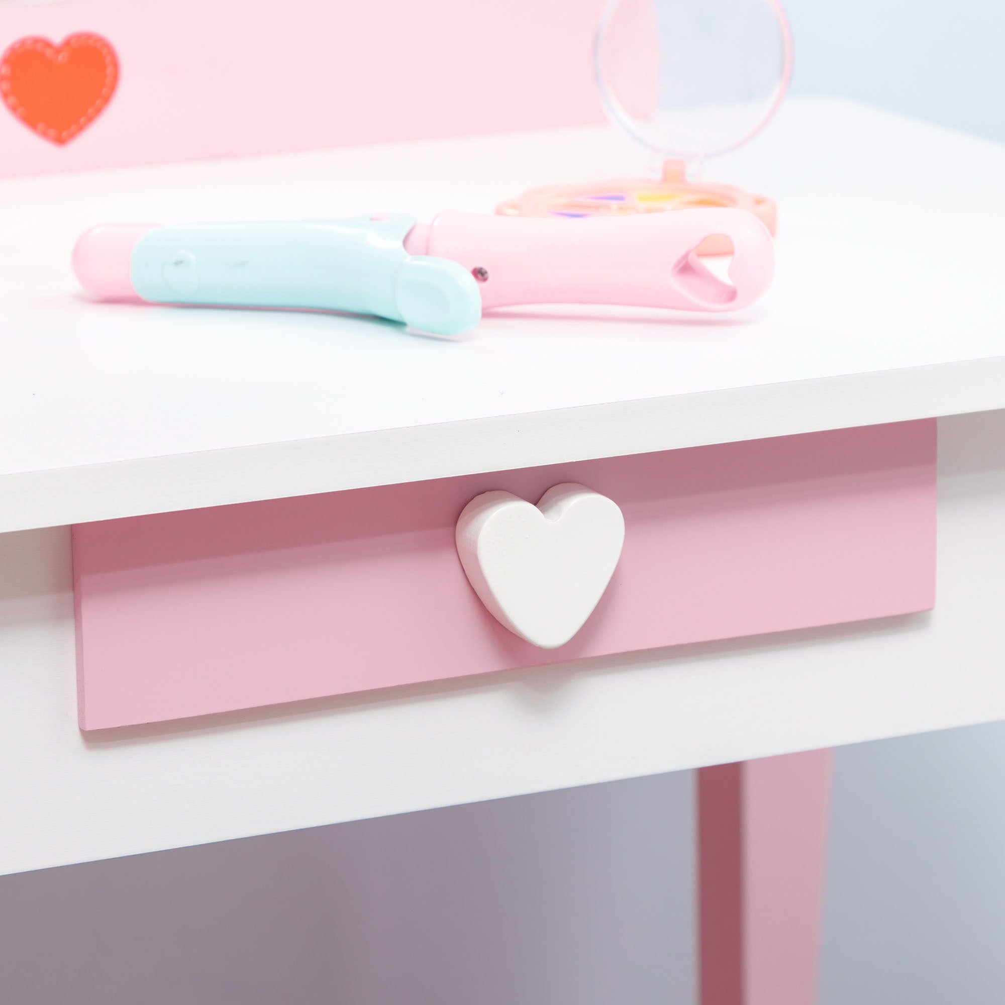 EasycomfortZONEKIZ Set Tavolo Trucco con Sgabello, Specchio e Cassetto in MDF per Bimbi 3-6 Anni, Bianco e Rosa