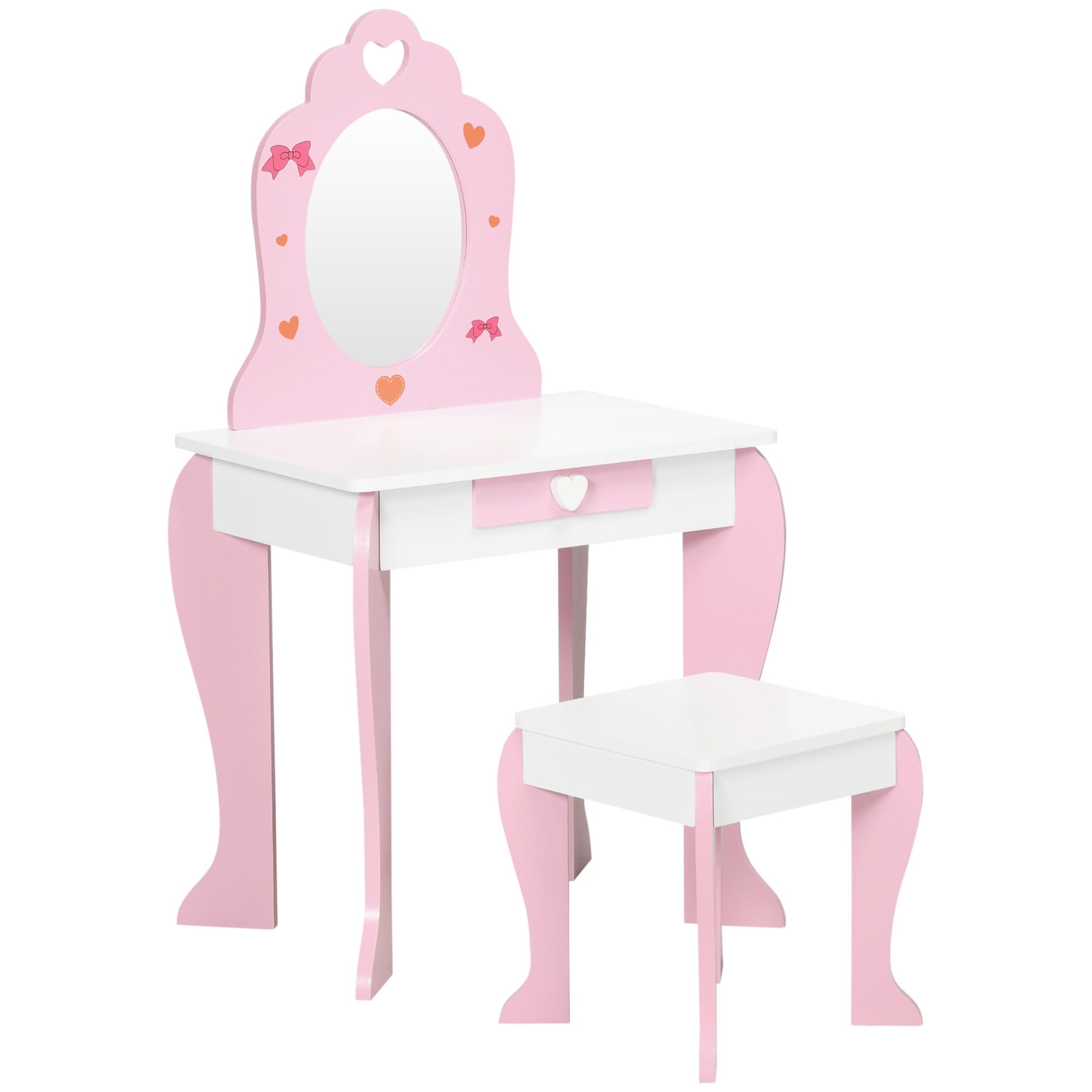 EasycomfortZONEKIZ Set Tavolo Trucco con Sgabello, Specchio e Cassetto in MDF per Bimbi 3-6 Anni, Bianco e Rosa