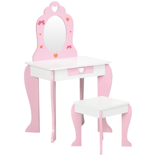 EasycomfortZONEKIZ Set Tavolo Trucco con Sgabello, Specchio e Cassetto in MDF per Bimbi 3-6 Anni, Bianco e Rosa