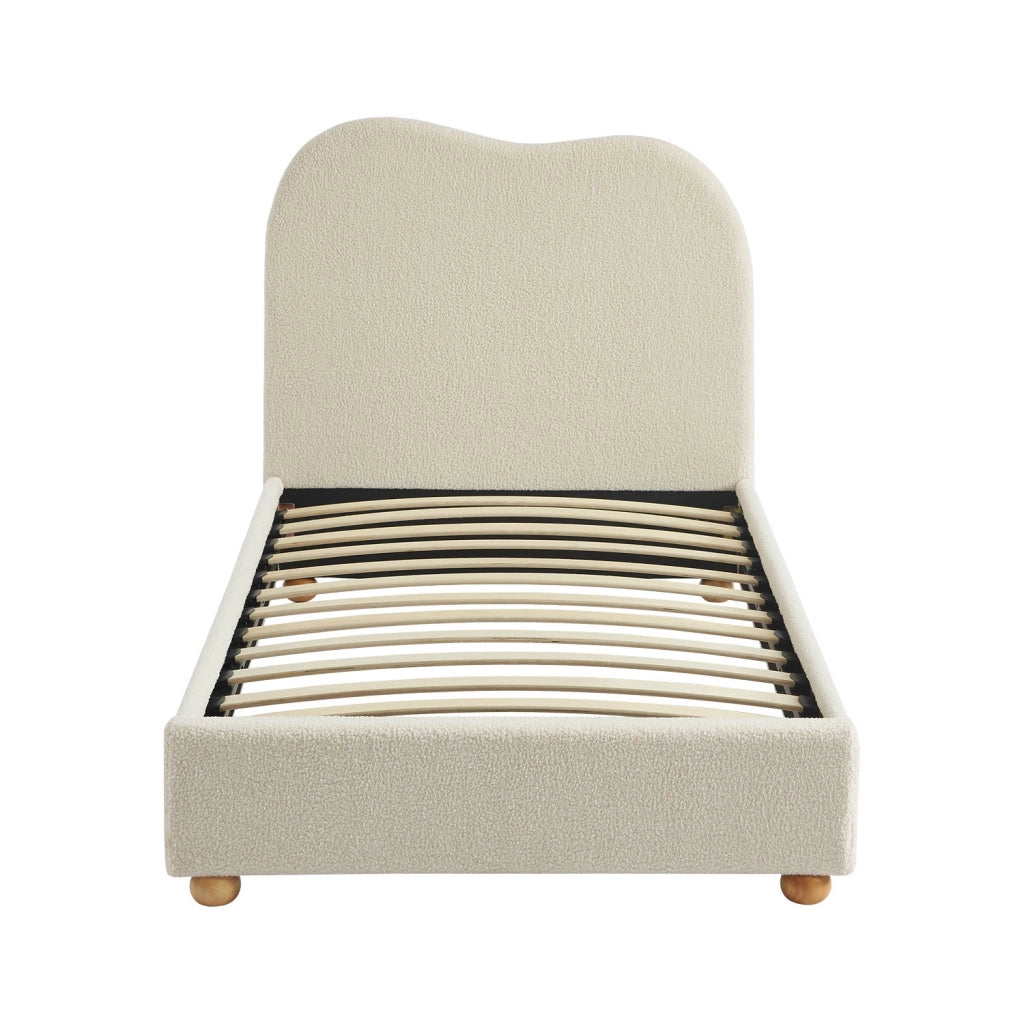 Letto con rete a doghe e testiera, bianco con finitura bouclé, bianco