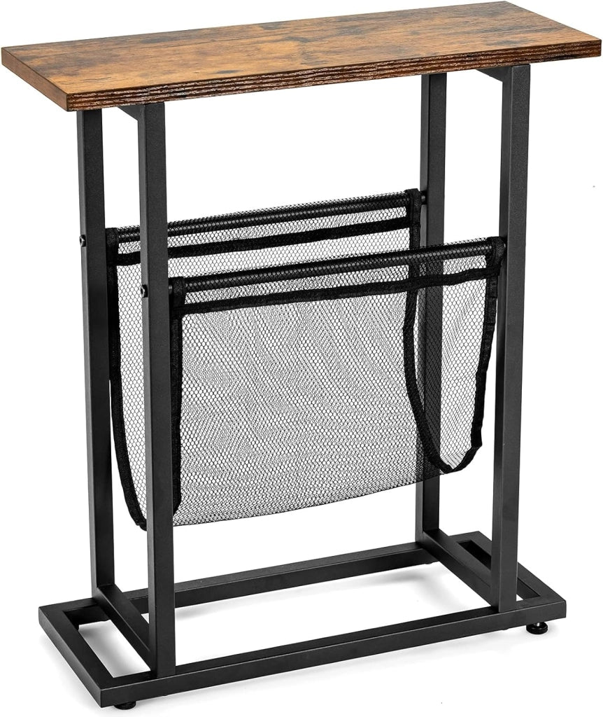 Tavolino con Borsa Libro, Comodino Semplice in Stile Vintage, Tavolino con Staffa in Tubo di Ferro, Adatto per Camera da Letto, Soggiorno, Ufficio, Studio, 48,5x18x54,3cm,Marrone