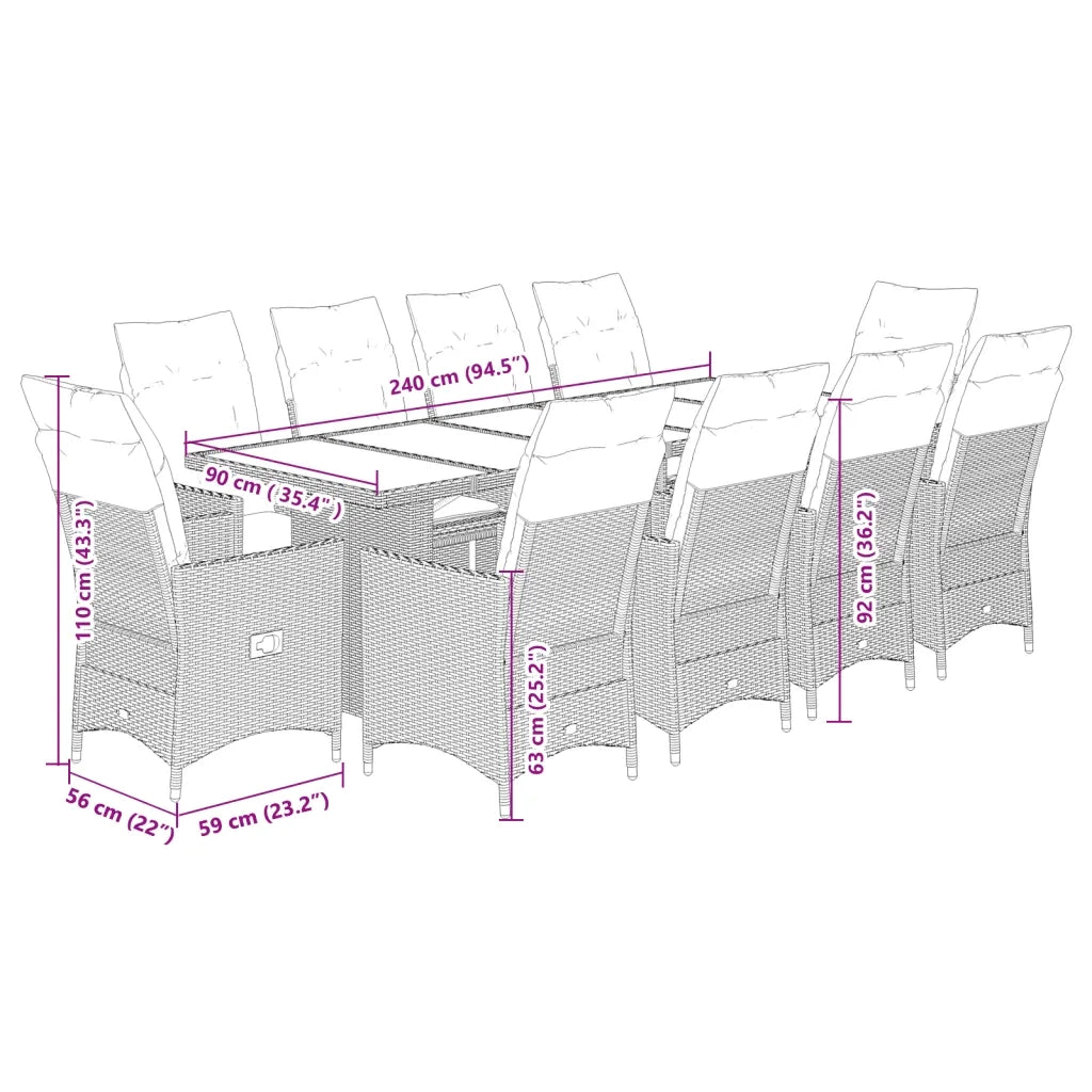 Set BistrÃ² da Giardino 11 pz con Cuscini in Polyrattan Grigio