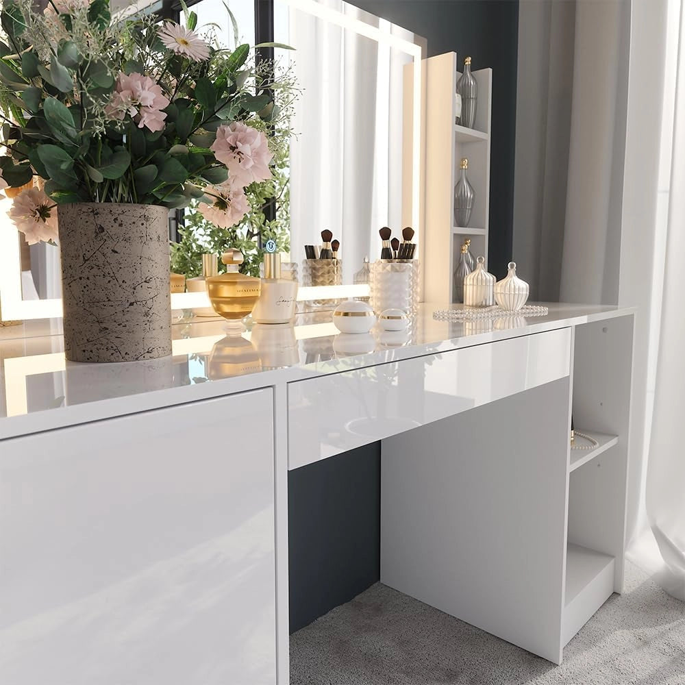 Tavolo da toeletta Sherry, Bianco/bianco lucido, 158.2 cm 4 parti, con illuminazione LED e specchio regolabile in altezza