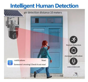 SMART CAMERA SOLARE TP15 ESTERNA DOPPIO OBIETTIVO IP65 WATERPROOF CON PANNELLO SOLARE VISIONE NOTTURNA A COLORI E SENSORE RADAR COMPATIBILE ANDROID IOS