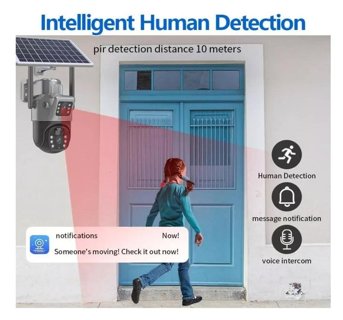 SMART CAMERA SOLARE TP15 ESTERNA DOPPIO OBIETTIVO IP65 WATERPROOF CON PANNELLO SOLARE VISIONE NOTTURNA A COLORI E SENSORE RADAR COMPATIBILE ANDROID IOS