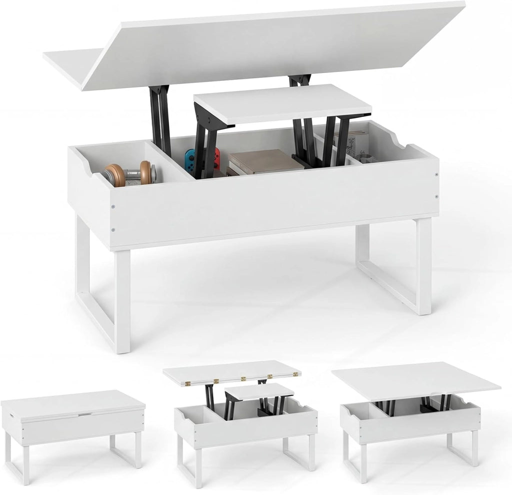 3 in 1 Tavolino da Salotto con Piano Sollevabile e Pieghevole, Tavolino Moderno Trasformabile in Tavolo da Pranzo in Legno con 3 Vani Nascosti, Ideale per Soggiorno e Ufficio (Nero)