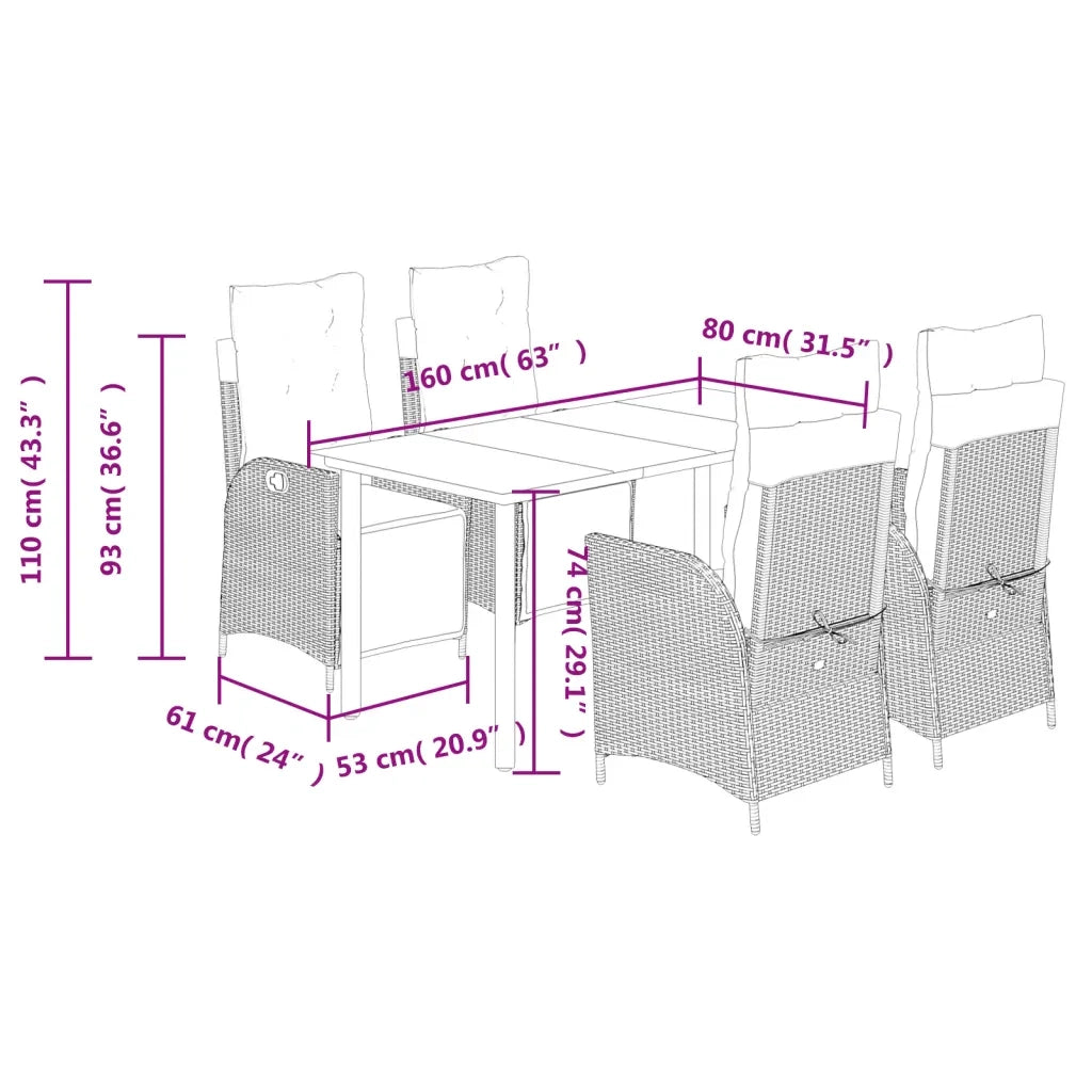 Set Pranzo da Giardino 5pz con Cuscini Grigio Chiaro Polyrattan