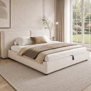 Letto matrimoniale contenitore 160x200 cm con rete e testiera imbottita in bouclé bianco