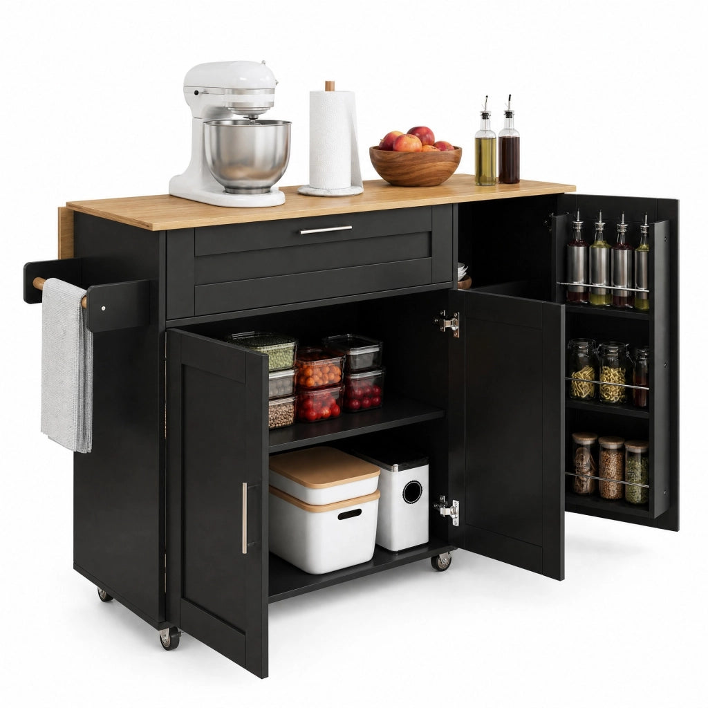 Carrello cucina mobile con piano pieghevole 132,5x44(70)x90 cm, effetto quercia, 5 ruote, MDF, nero/naturale