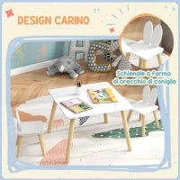 Set Tavolo e 2 Sedie per Bambini con Schienale a Orecchie di Coniglio, Età 3-6 Anni, Bianco