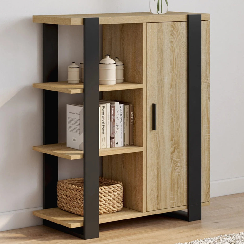 IDMarket - Credenza PHOENIX a 3 ripiani con armadio, 70 cm, legno e nero