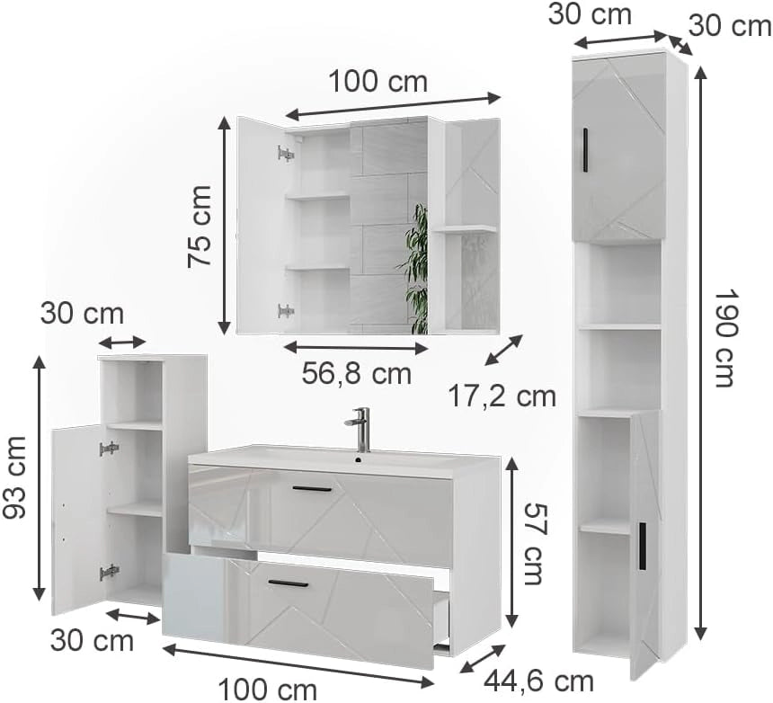 Set di mobili da bagno Irma, Bianco/bianco lucido, 100 cm, composto da mobile sottolavabo, lavabo, pensile, colonna e mobile medio