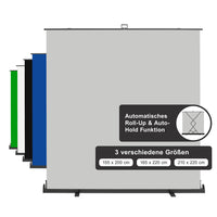 Fondale fotografico roll-up grigio 210x220, sfondo portatile con scatola di trasporto per fotoshooting, sistema autoportante, telo ingualcibile per studio fotografico