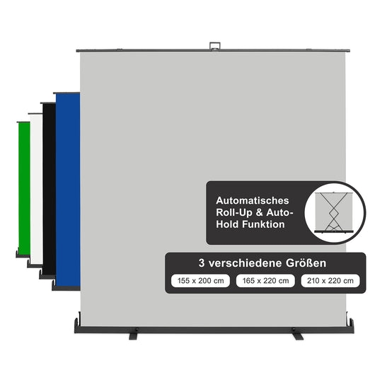 Fondale fotografico roll-up grigio 210x220, sfondo portatile con scatola di trasporto per fotoshooting, sistema autoportante, telo ingualcibile per studio fotografico