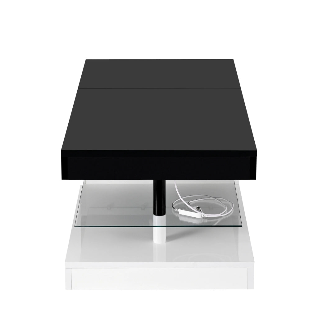 Tavolino da caffè 90x45x35.5 cm; LED con APP e Bluetooth; pannello truciolare e vetro; nero e bianco