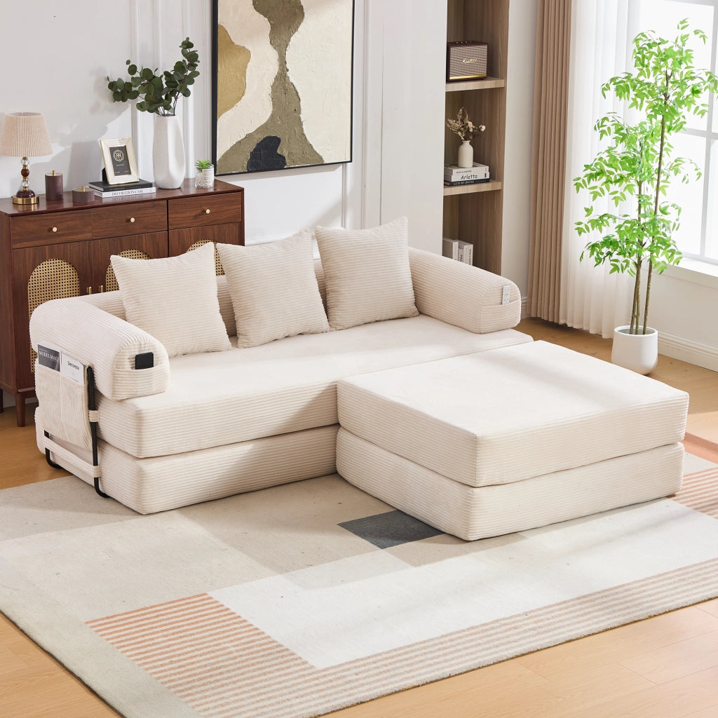 DIVANO modulare in velluto a coste 200x190x67 cm beige con pouf e 3 cuscini