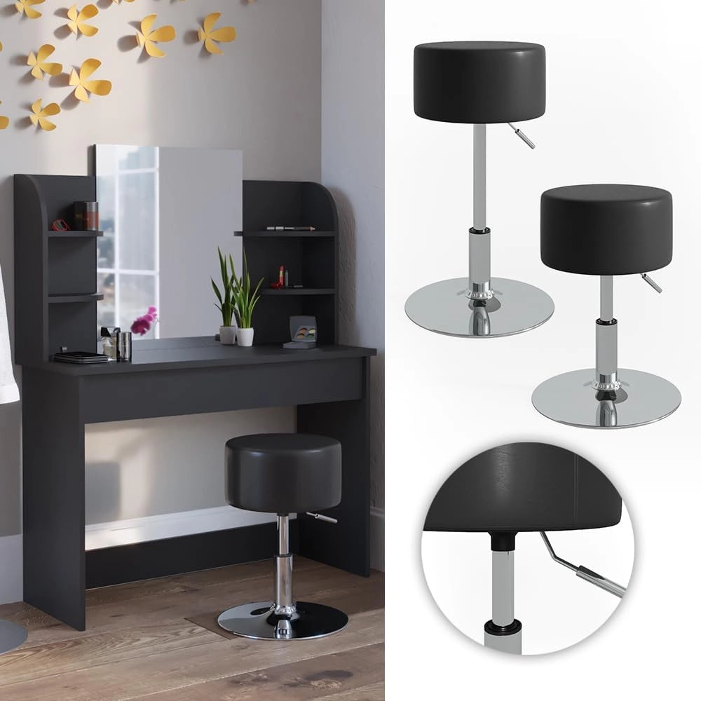 Sgabello Design, Nero, 33.5 x 67 cm per tavolo da toeletta, regolabile in altezza con rivestimento in similpelle resistente