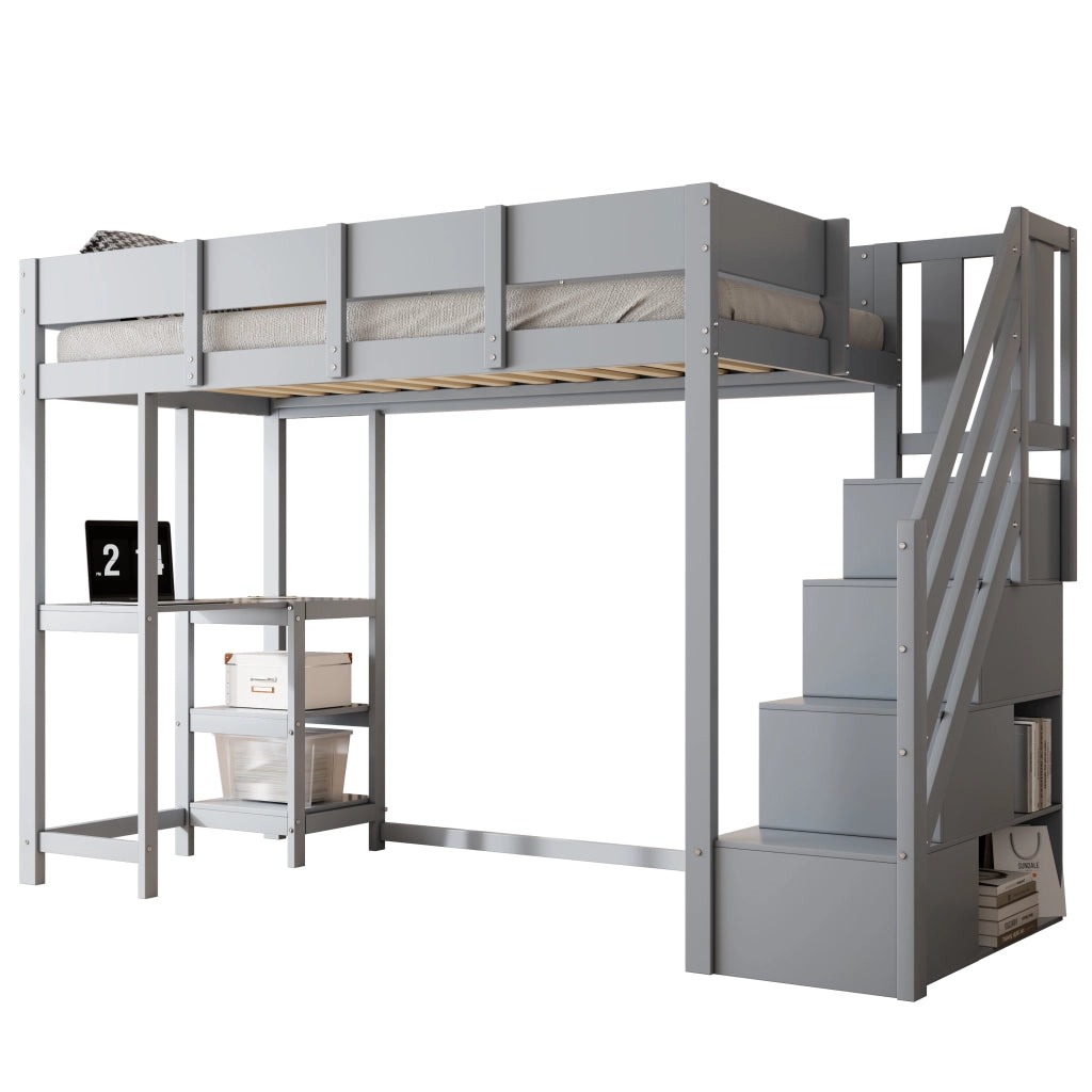 Letto a Soppalco Singolo con Scala Contenitore e Scaffale 90×200 cm; senza Materasso; in Legno; Grigio