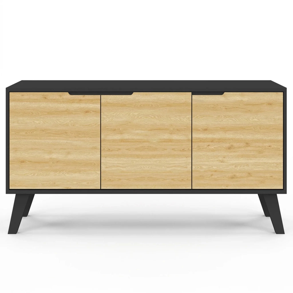 IDMarket - Credenza bassa scandinava 113 cm FINN nero 3 ante effetto faggio