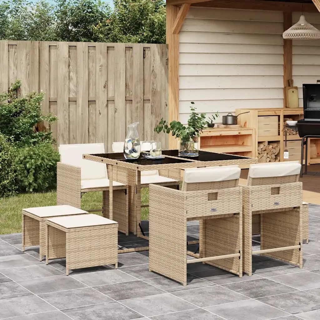 Set da Pranzo da Giardino 9 pz | Set Salotto da Giardino con Cuscini Beige in Polyrattan