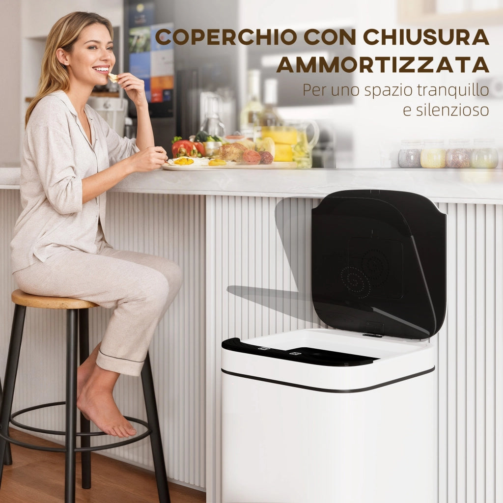Bidone per Rifiuti Intelligente 13L ¨C zephmum ¨C Acciaio e PP, 24x24x41 cm, Bianco e Nero